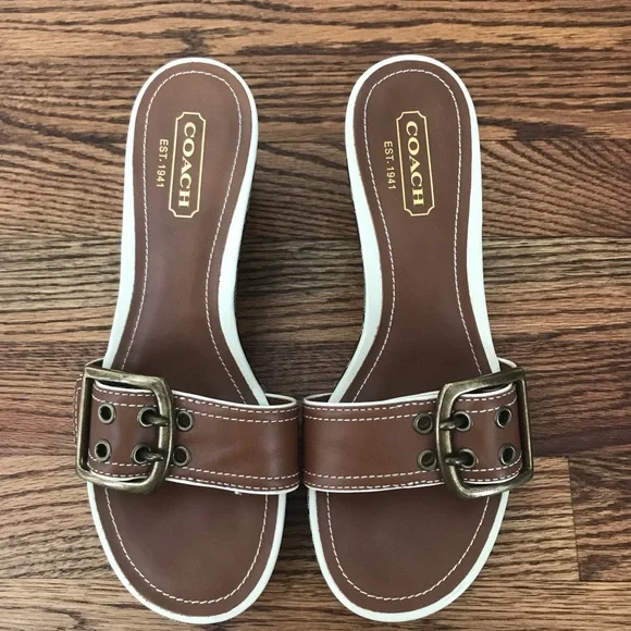 Coach Brown Leather Logo Wedge Sandals with White Trim - Picture 2 of 4